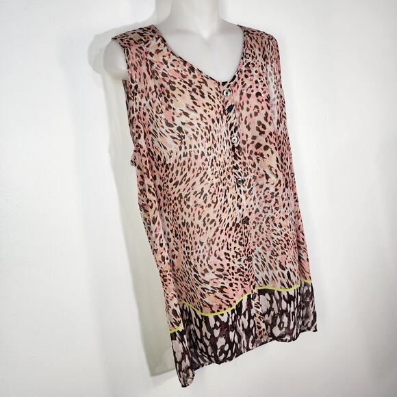 Cabi Womens Tunic Top 108 Large Beguile Animal Print Sheer Button Up Sleeveless - Picture 5 of 9